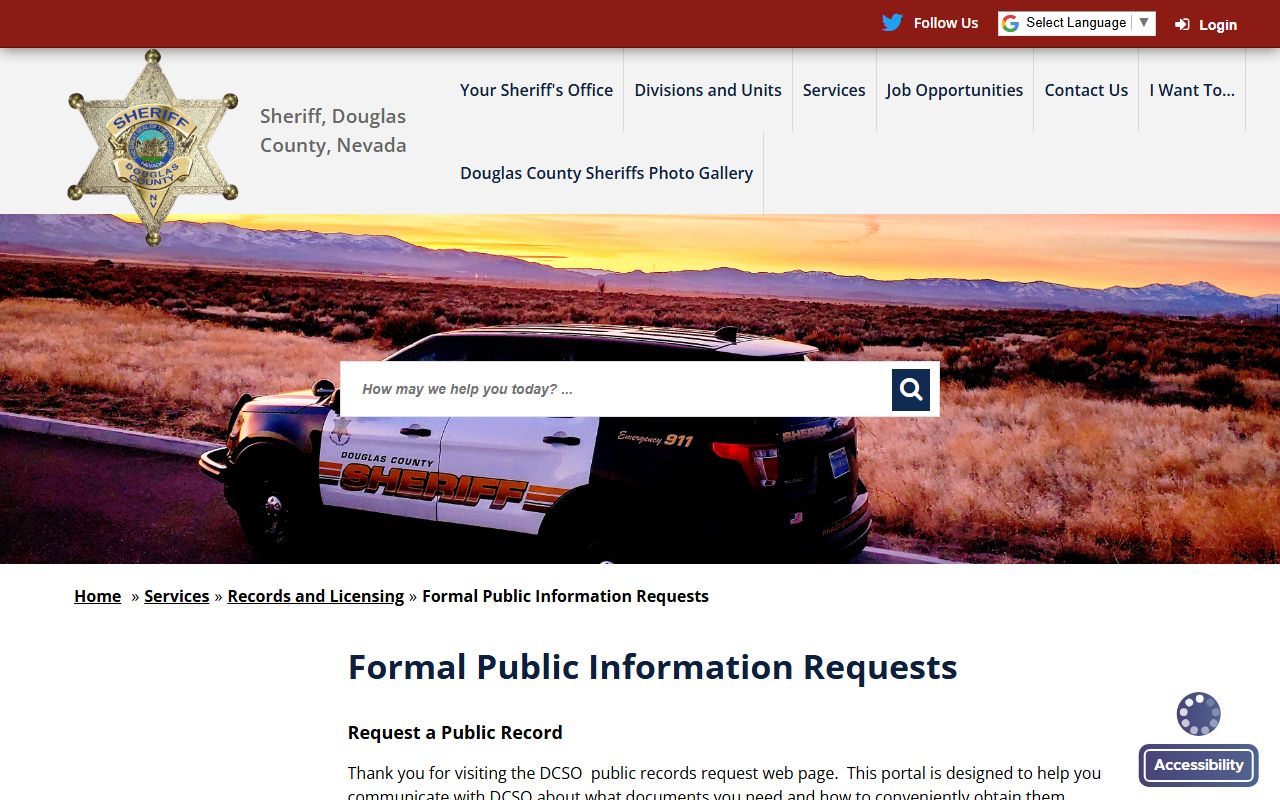 Douglas County public information request page for jail mugshots and photographs